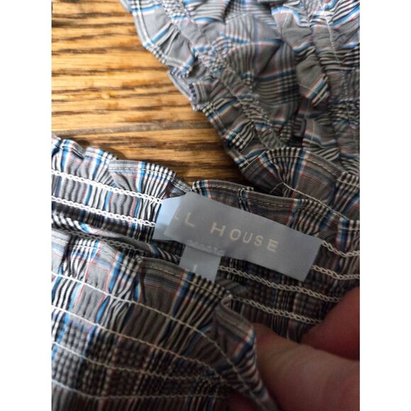 Hill House Athena Gray Blue Plaid Check Puff Sleeve Smocked Mini Nap Dress Large - Picture 3 of 6